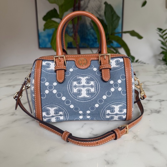 Tory Burch Petite T Monogram Denim Barrel Crossbody Satchel Bag Blue Tan Leather - Picture 2 of 14